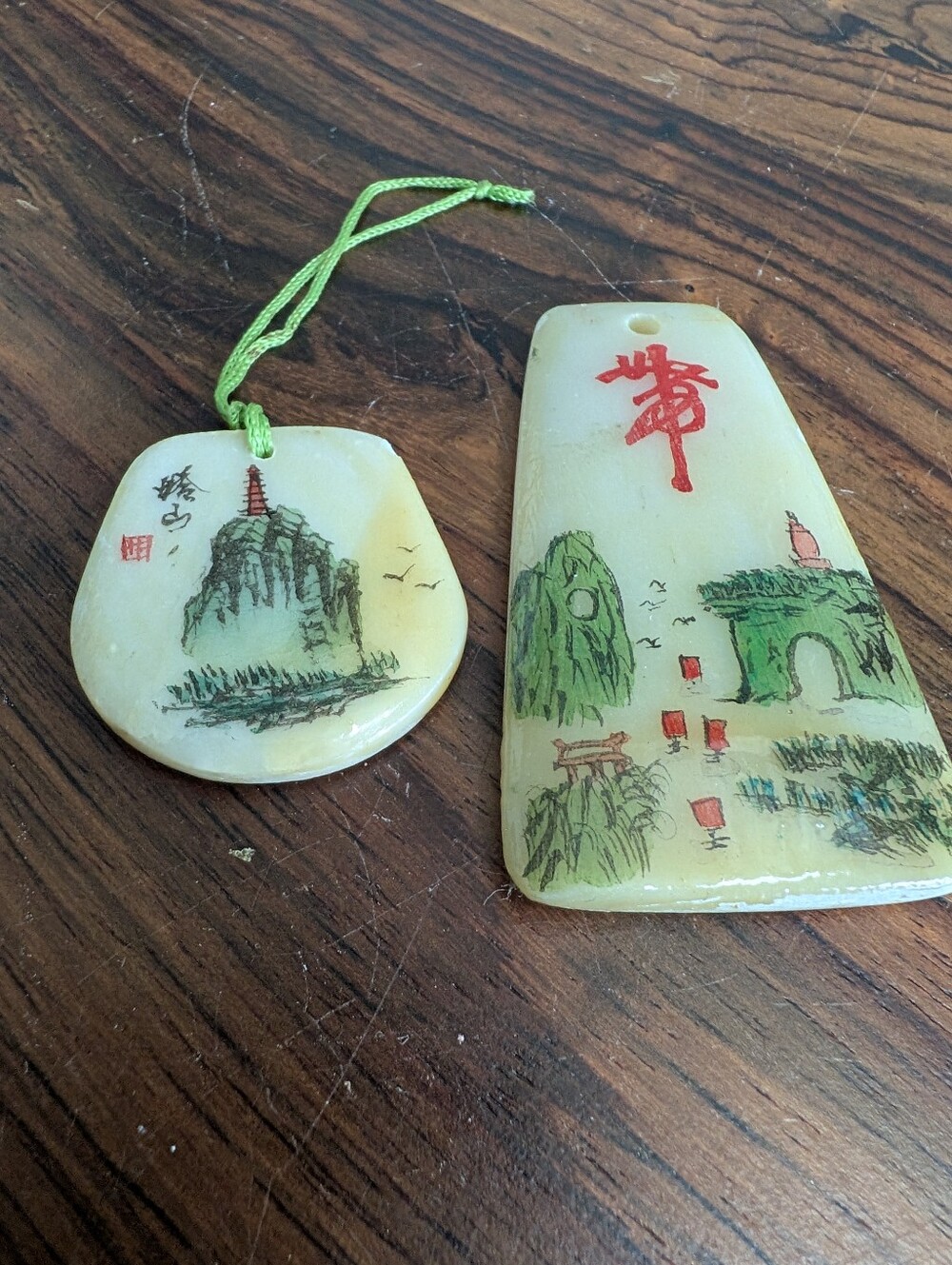 Vintage Hand Painted Landscape Carved Bone Horn Pendant Amulet Lot of 2